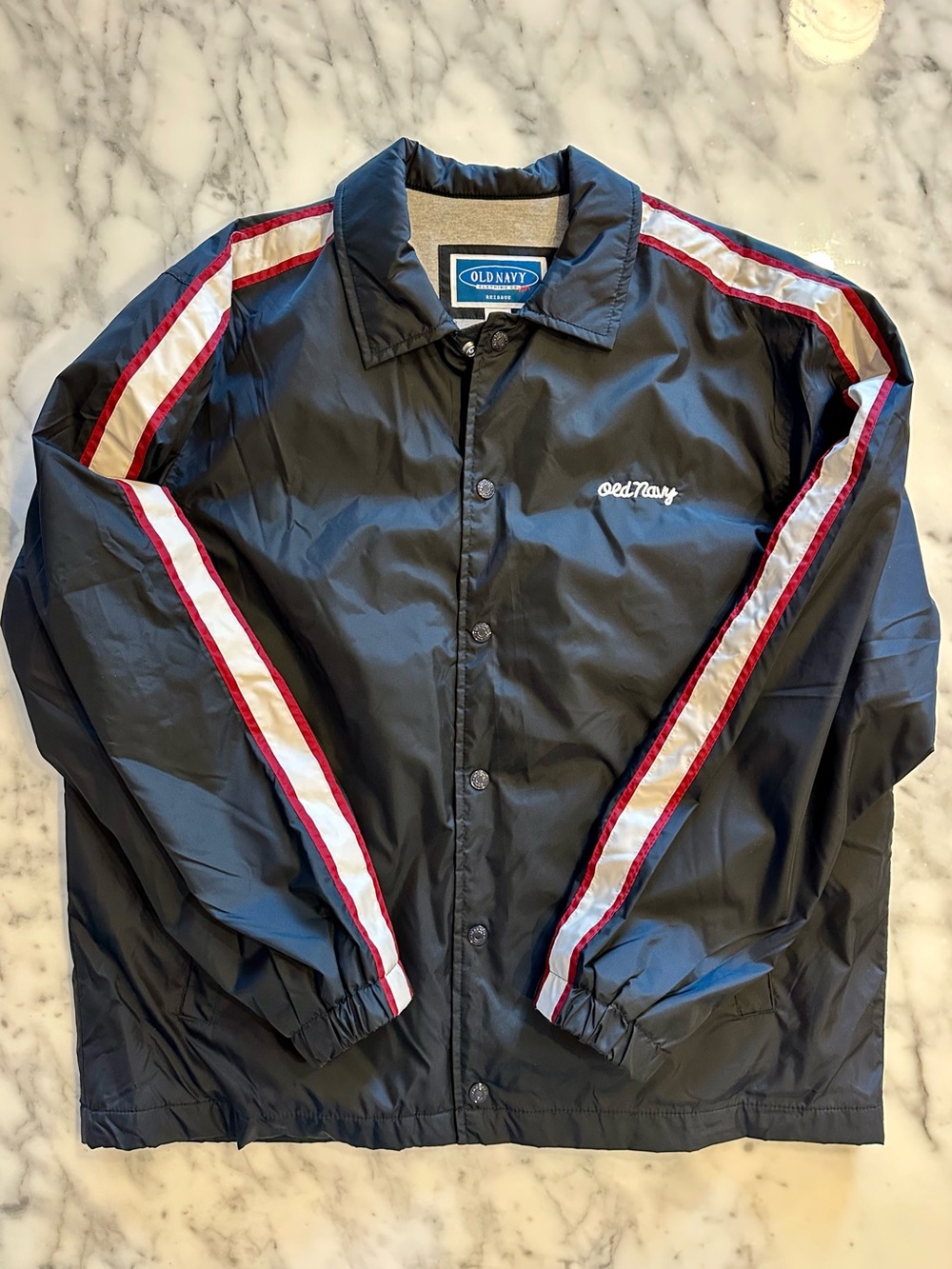 Old Navy Men’s Navy Vintage Coach Jacket with Red & White Stripe - Size Large